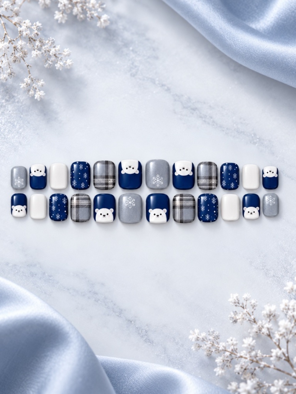Winter Polar Bear Press On Nails Blue grey Snowflake Plaid Short Square Set